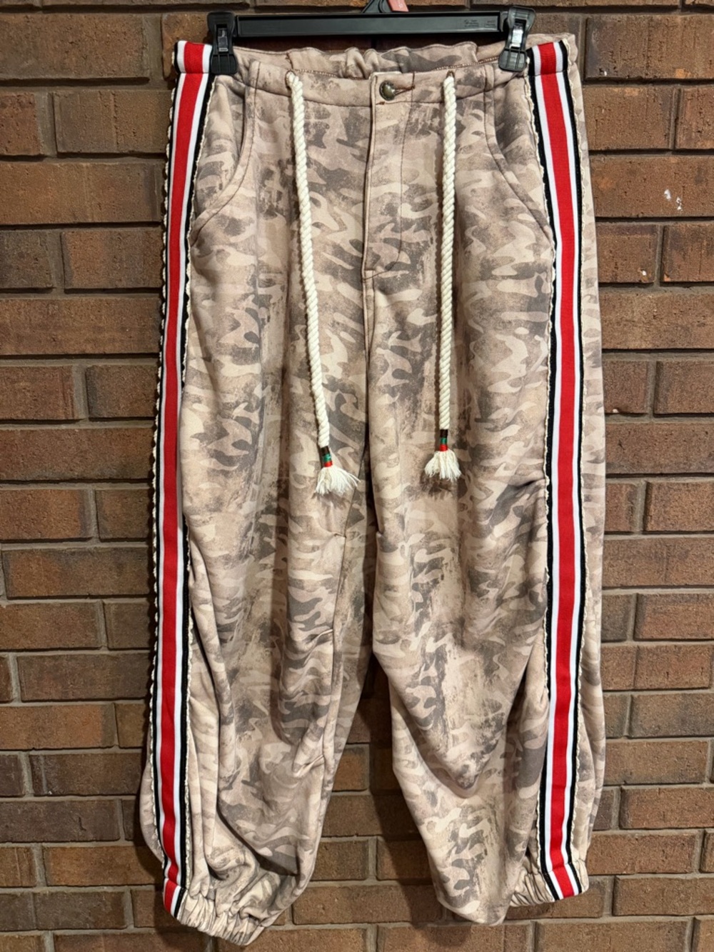 POL Beige Camo Joggers with Black, Red & White Side stripe medium camouflage